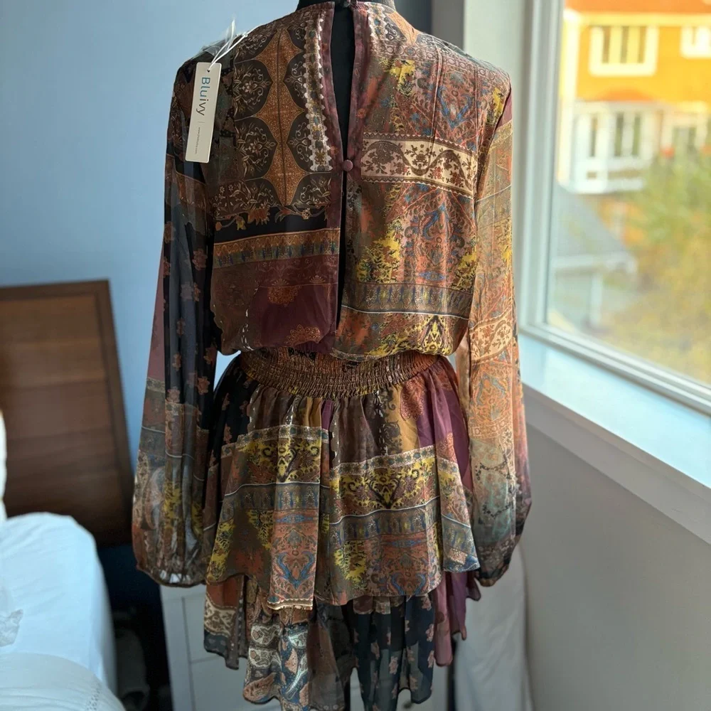 NWT Bluivy Multicolored Patchwork Paisley Long Sleeve Short Romper Smocked Waist - Picture 7 of 17